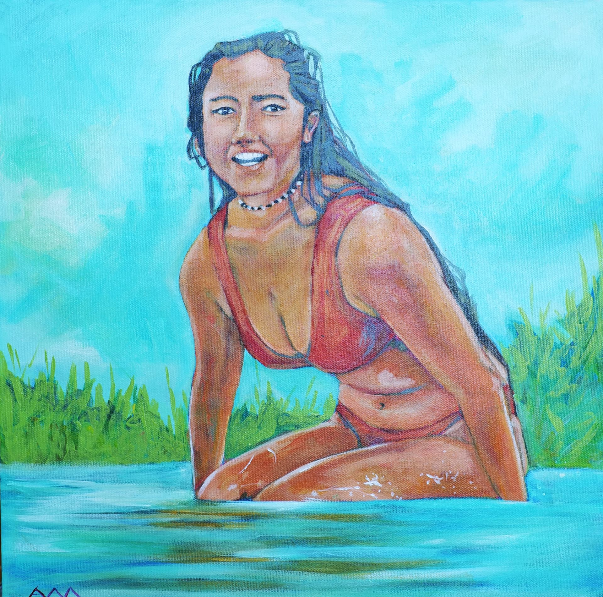 Red bikini girl, acrylic painting, from the Surfing collection, by Alessia Martuscelli