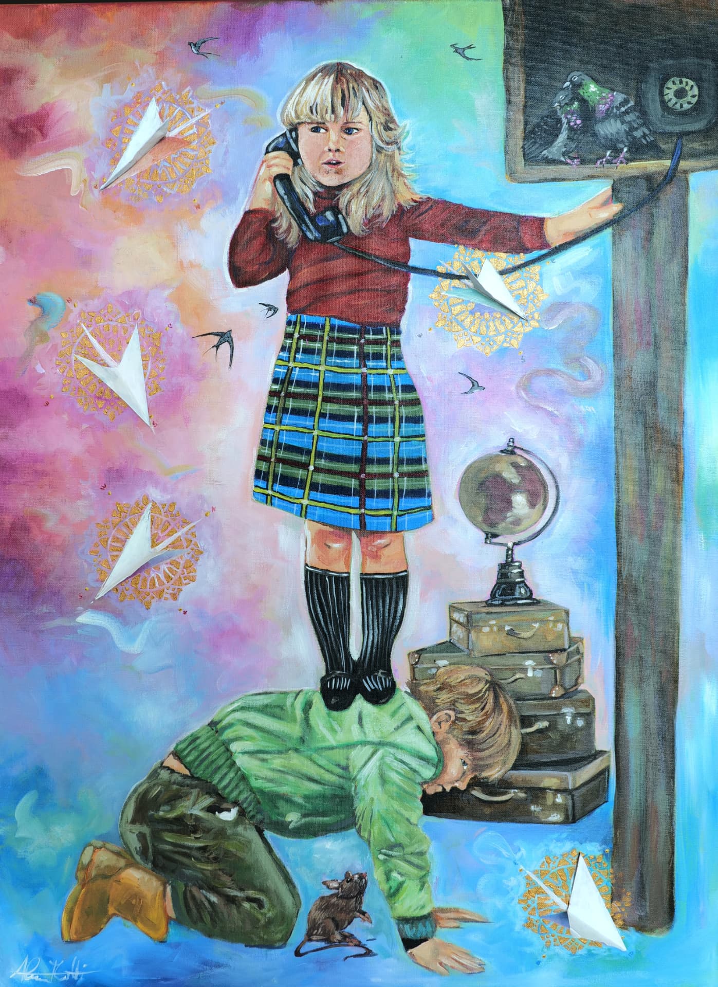 Mom..we wont be back for dinner, acrylic painting, 60 × 80 cm, from the Kids collection, by Alessia Martuscelli