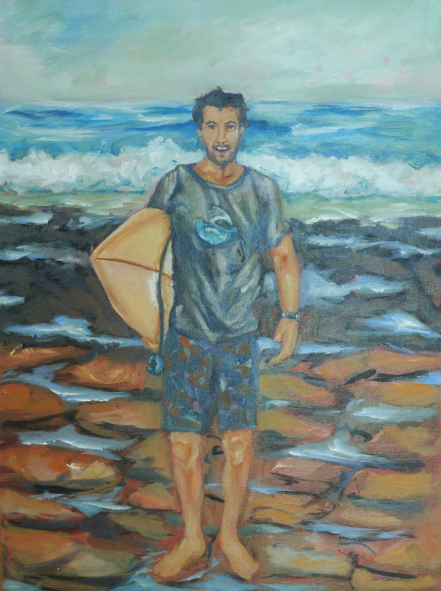 Max in Tnerife, oil painting, 30 × 40 cm, from the Surfing collection, by Alessia Martuscelli