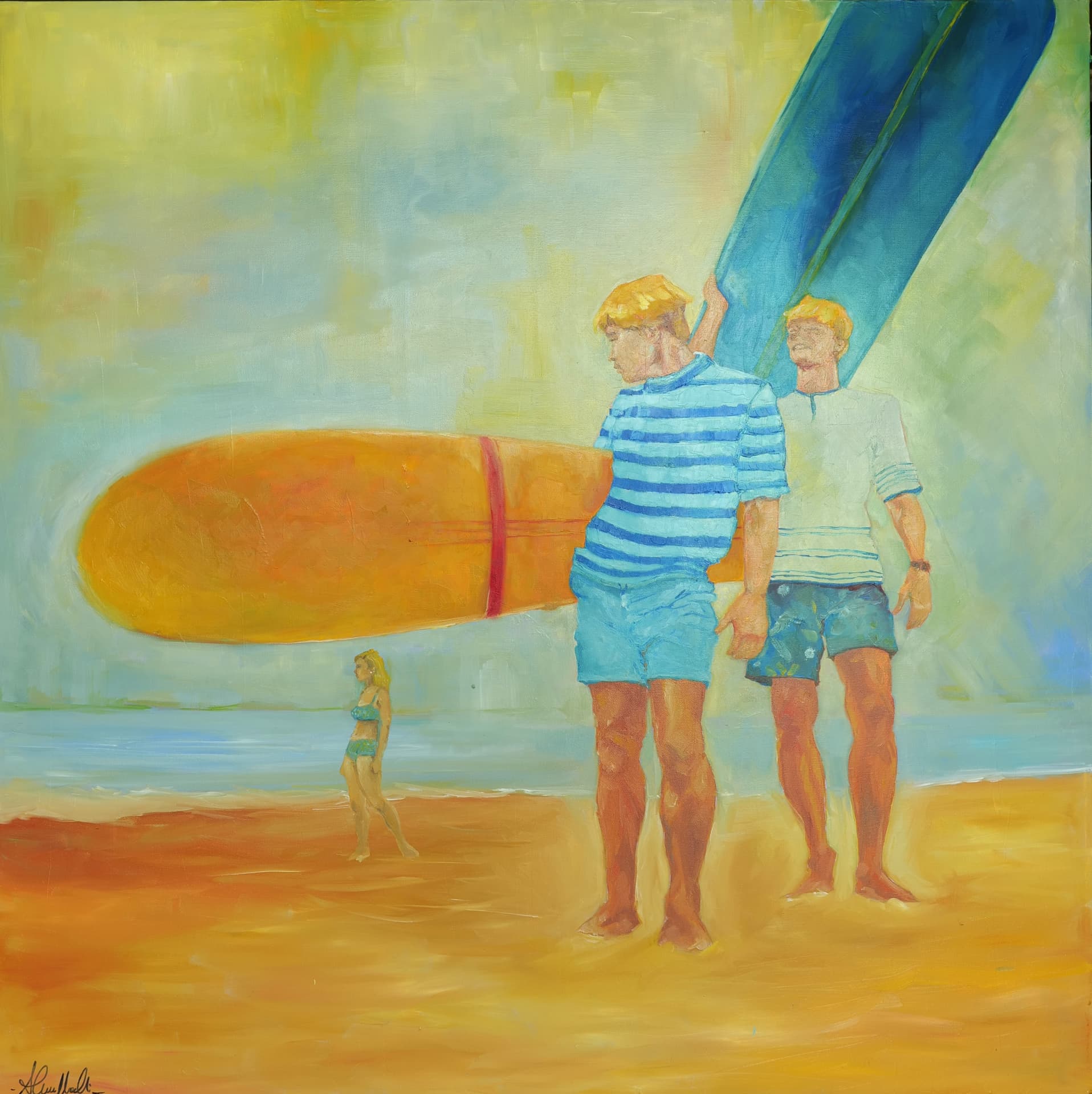 Beach Boys, oil painting, 100 × 100 cm, from the Surfing collection, by Alessia Martuscelli
