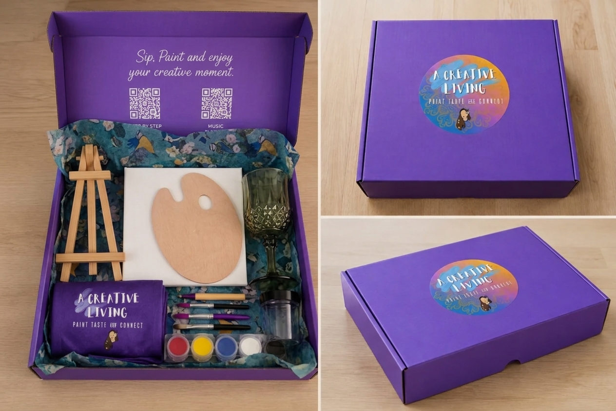 Alessia’s Painting & Wine Box with canvas, brushes, paints and studio wine glass