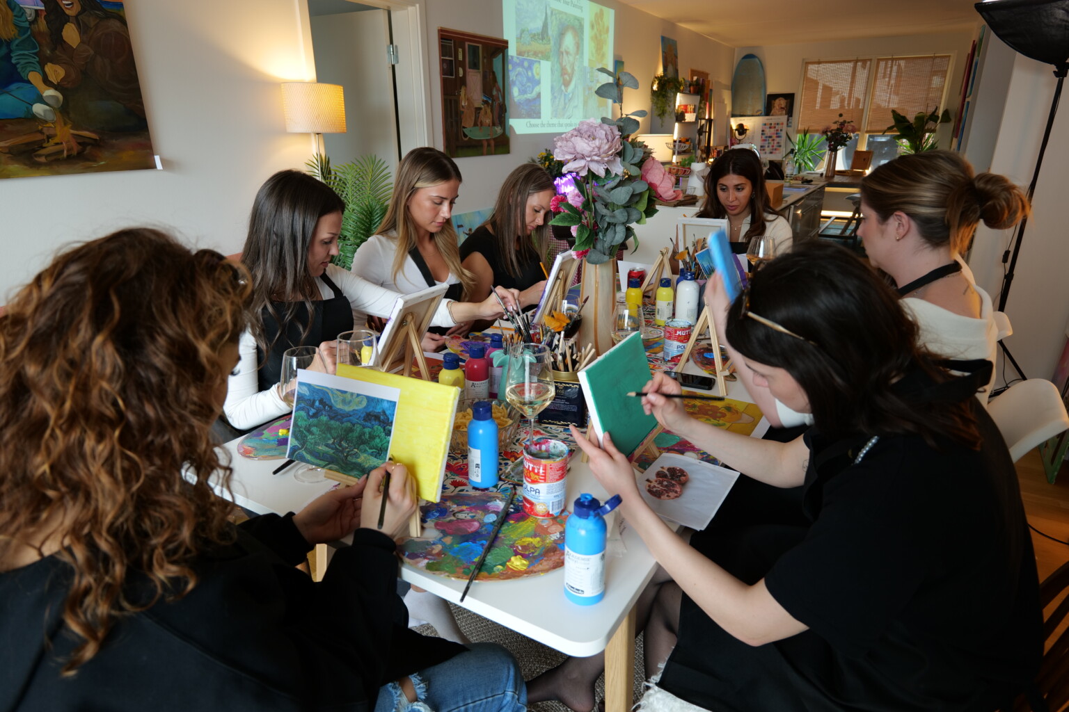Painting bar set up for a Painting & Wine night in the Sydhavn studio, Copenhagen
