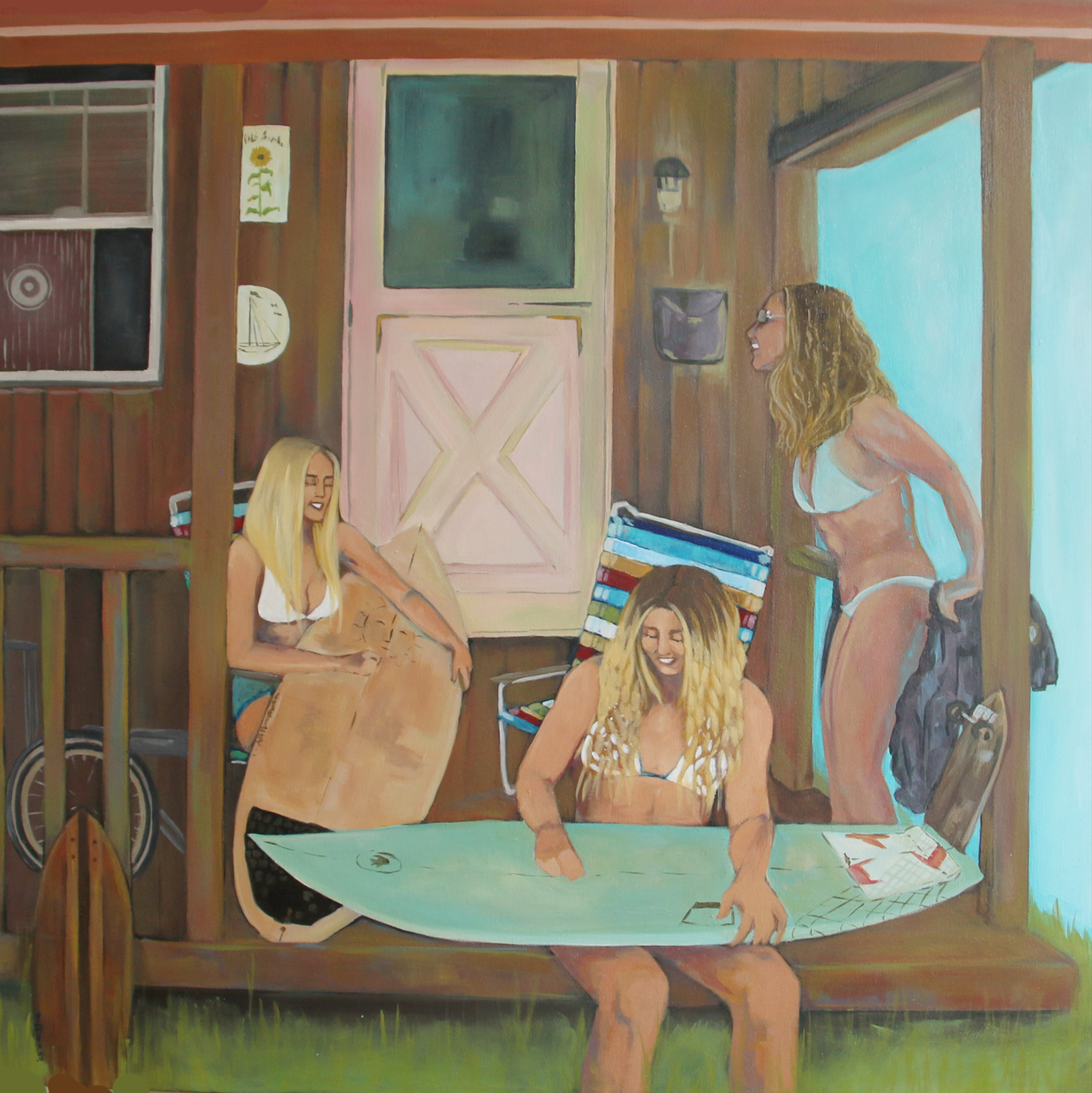 Surf house, acrylic painting, 80 × 80 cm, from the Surfing collection, by Alessia Martuscelli