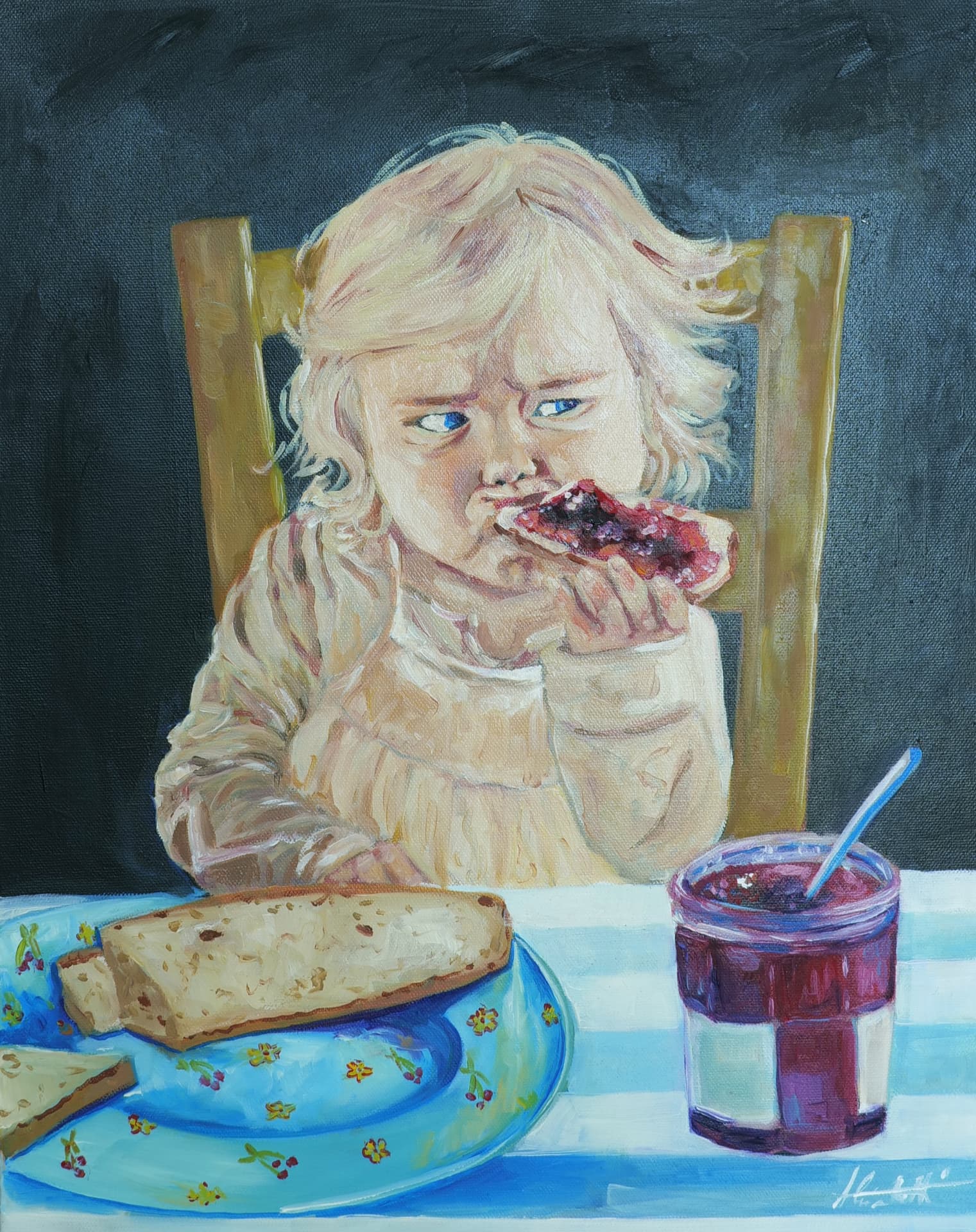 Marmellata di ciliege, oil painting, 30 × 40 cm, from the Kids collection, by Alessia Martuscelli