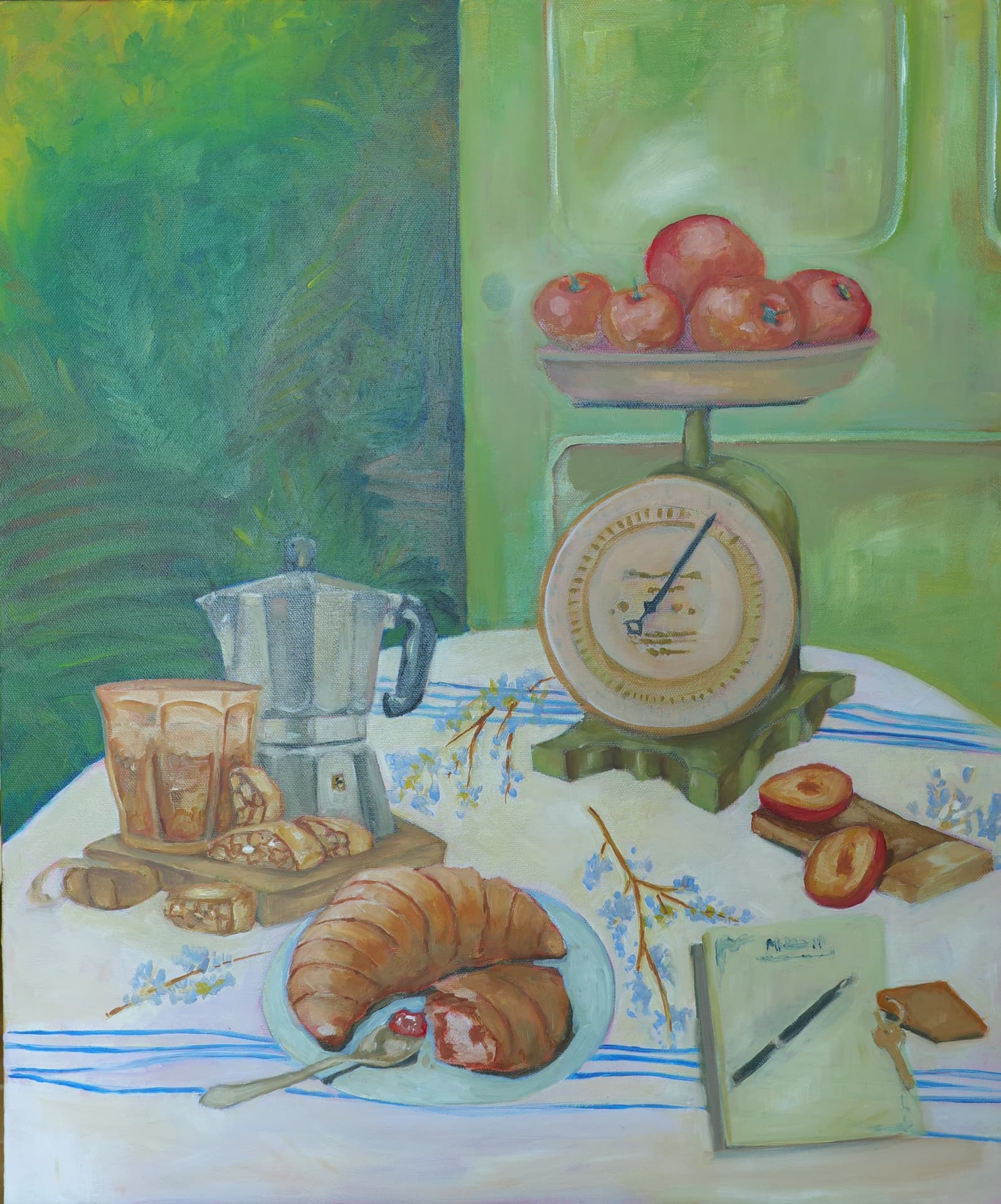 Breakfast and morning things, oil painting, 50 × 70 cm, from the Mediterrean Still Life collection, by Alessia Martuscelli