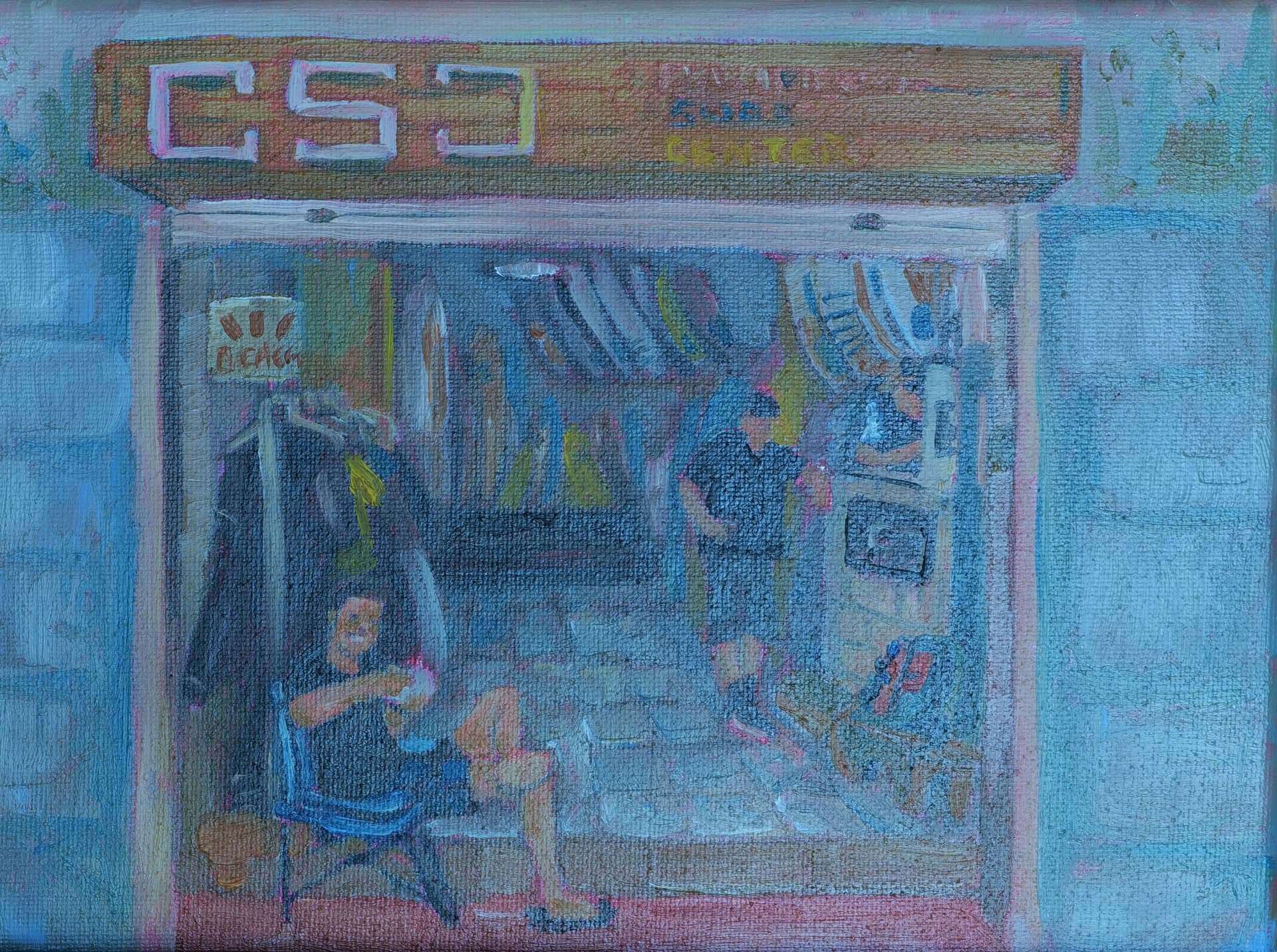 California surf school, acrylic painting, 18 × 24 cm, from the Surfing collection, by Alessia Martuscelli