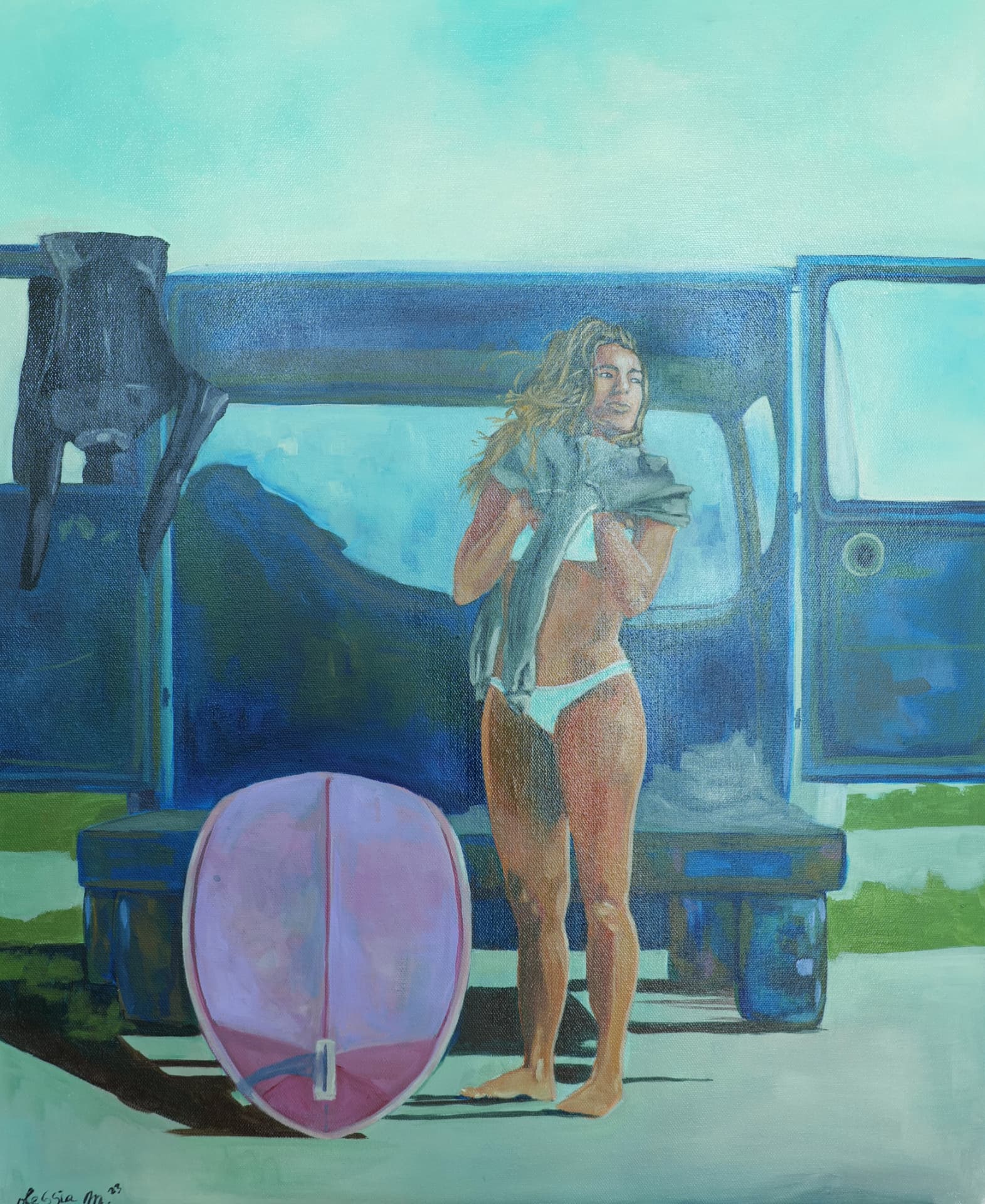 Getting ready, acrylic painting, 50 × 60 cm, from the Surfing collection, by Alessia Martuscelli