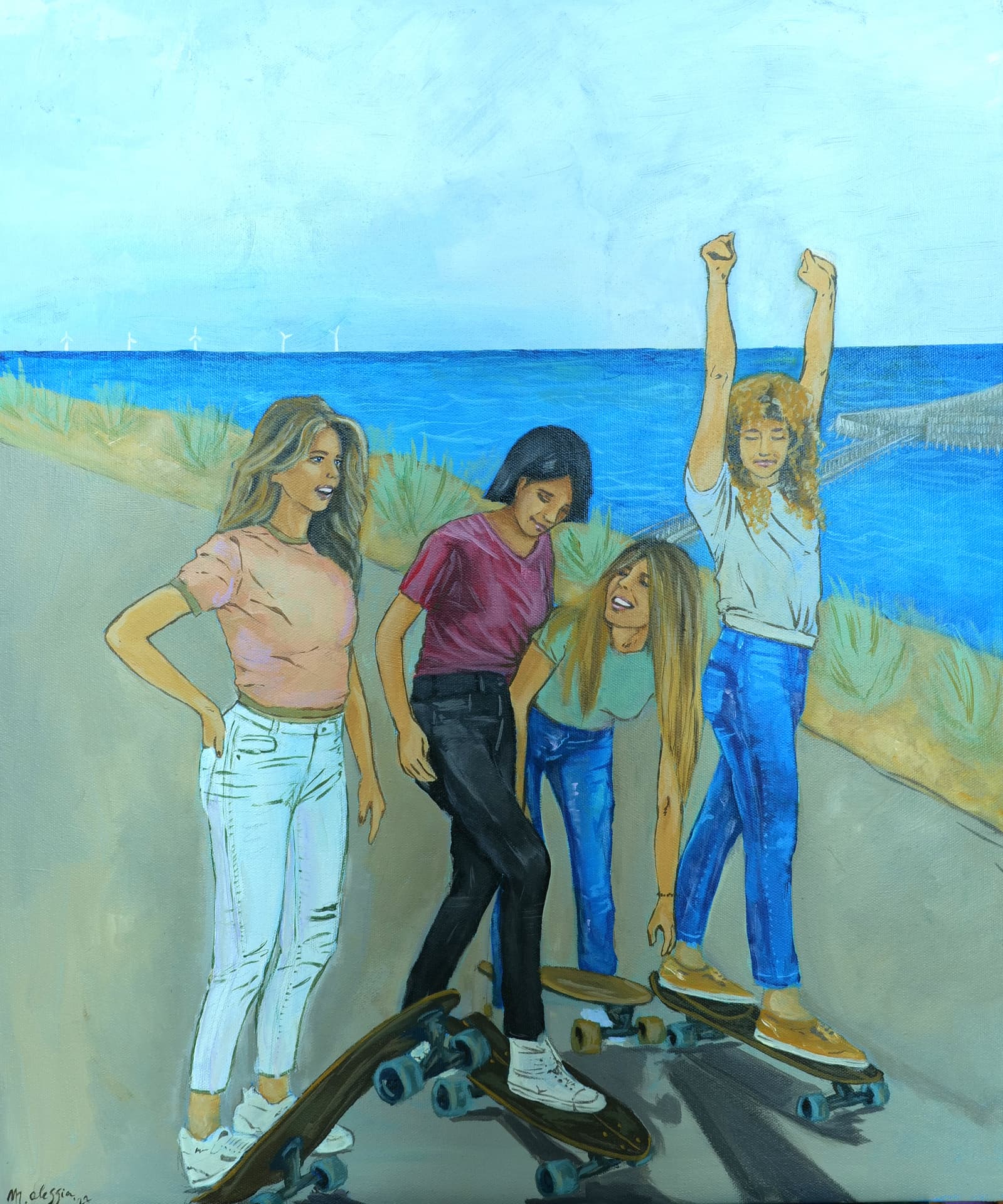 Ama skater girls, acrylic painting, 50 × 60 cm, from the Copenhagen collection, by Alessia Martuscelli