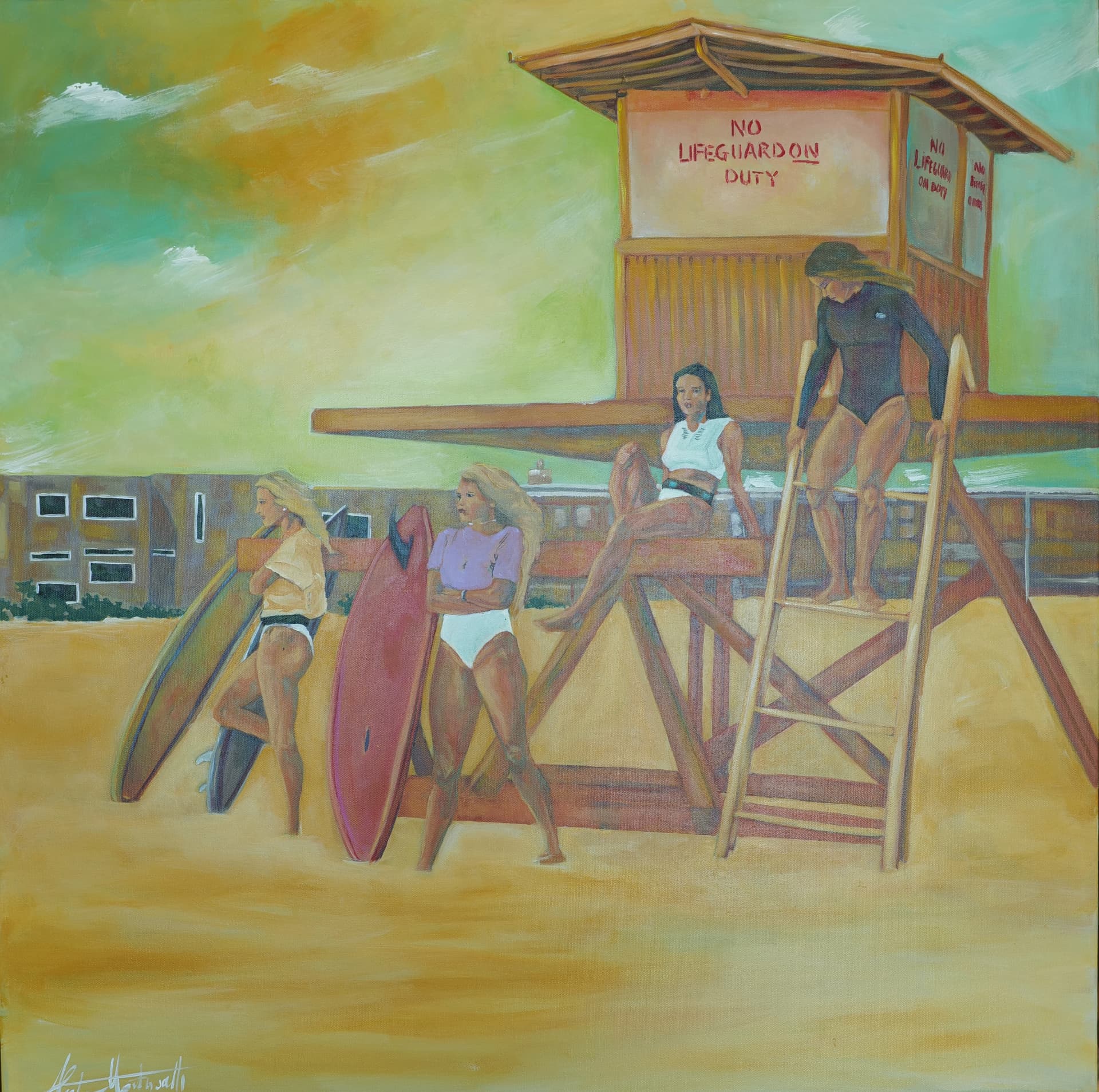 No Lifeguard on duty, acrylic painting, 80 × 80 cm, from the Surfing collection, by Alessia Martuscelli