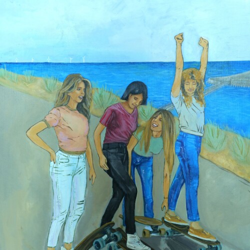 Ama Skater Girls original 50 × 60 cm acrylic painting of four women skateboarding at Amager Beach in Copenhagen