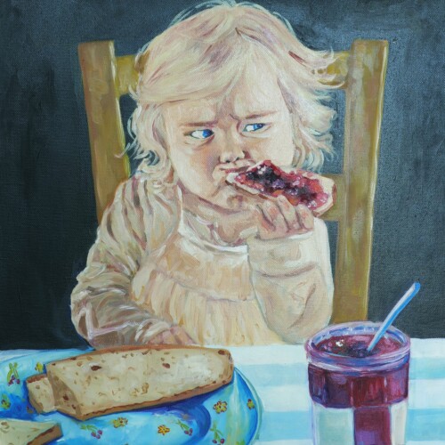 Marmellata di Ciliegie original 30 × 40 cm oil painting on canvas of a young girl eating cherry jam and bread