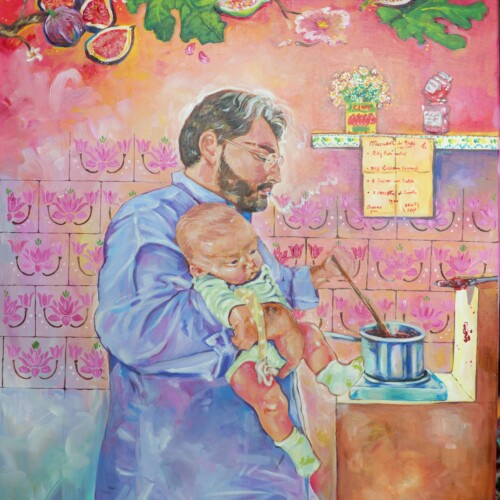 Marmellata di Fichi original 60 × 80 cm acrylic painting of a man holding a newborn while cooking fig jam