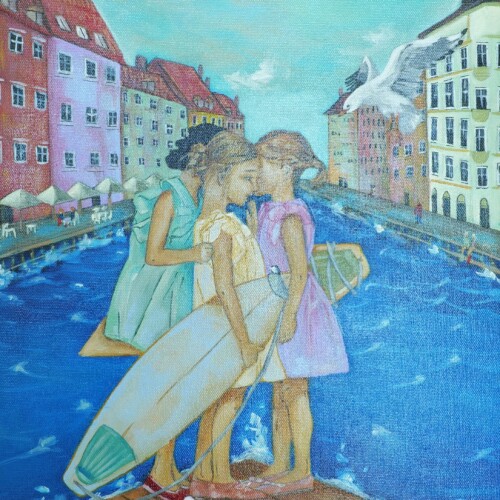 Nyhavn Whispering Girls original 35 × 60 cm acrylic painting of three girls with surfboards on a Copenhagen pier
