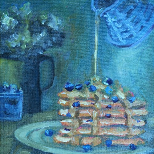 Pancakes 18 x 24 cm pancake still life painting with blueberries in a rustic blue setting