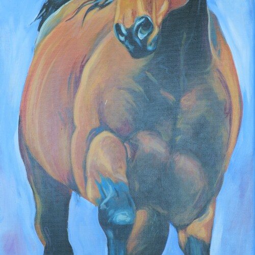 Sheik 40 x 90 cm chestnut horse painting of a half-Arabian horse in a field in Amman