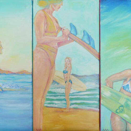 Surf Session original acrylic triptych of three 20 × 40 cm paintings showing girls preparing for and surfing in the sea