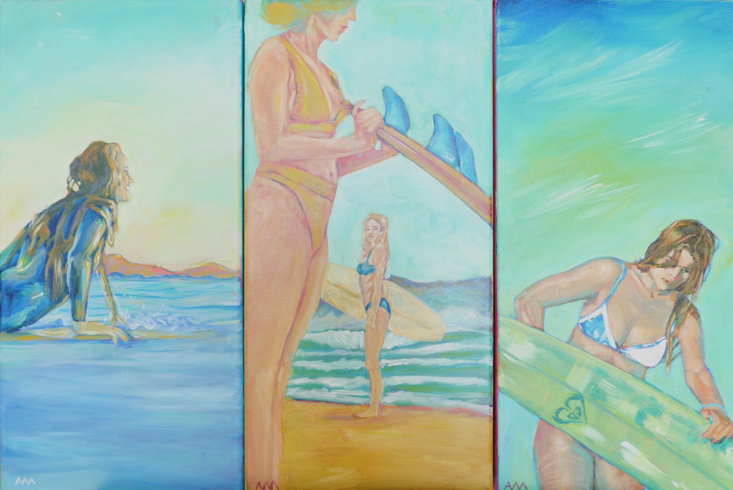 Surf Session original acrylic triptych of three 20 × 40 cm paintings showing girls preparing for and surfing in the sea