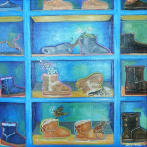 UGG, 60 × 60 cm original Nordic blue still life by Alessia Martuscelli, inspired by a Christmas shop with birds, eggs, mice and sparkling details.