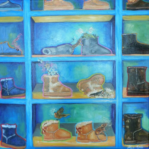 UGG, 60 × 60 cm original Nordic blue still life by Alessia Martuscelli, inspired by a Christmas shop with birds, eggs, mice and sparkling details.