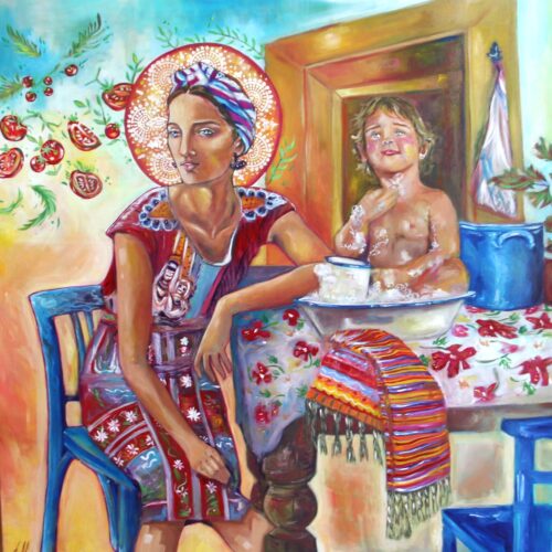 Portami Via Con Te original 80 × 80 cm acrylic figurative painting of a young woman and newborn at a wooden table