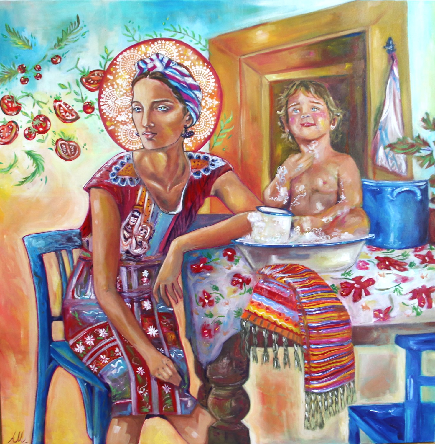 Portami Via Con Te original 80 × 80 cm acrylic figurative painting of a young woman and newborn at a wooden table