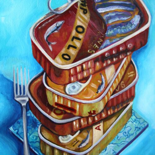 Sardines, original painting by Alessia Martuscelli depicting a colourful still life of sardines inspired by Mediterranean coastal life.