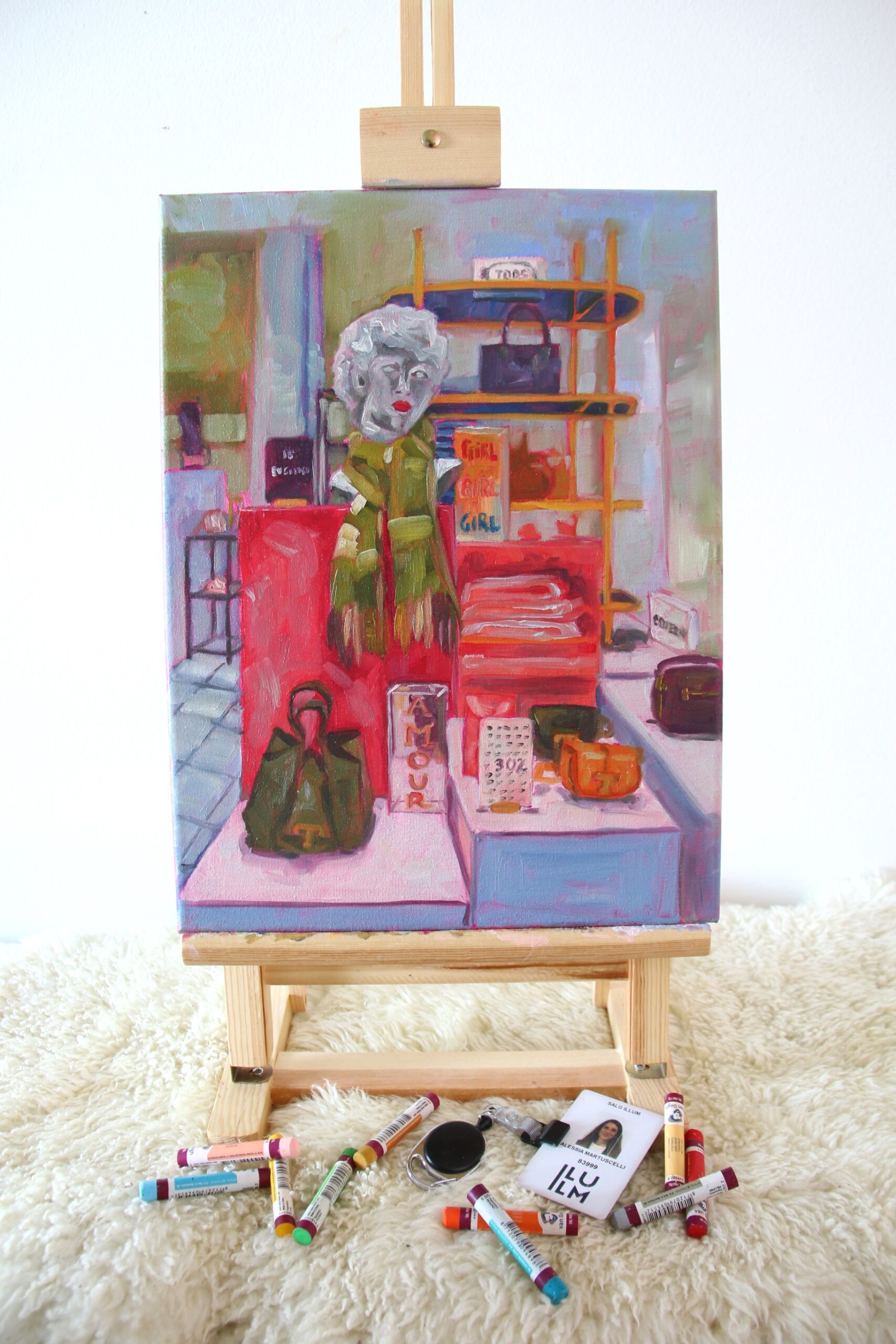 Illum Sales, original painting by Alessia Martuscelli depicting the festive atmosphere and illuminated displays of Illum department store in Copenhagen.