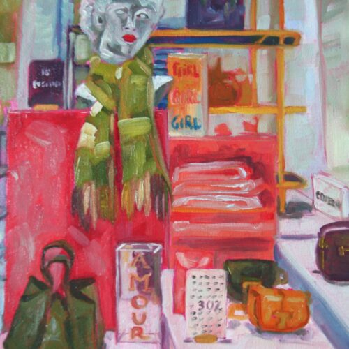Illum Sales, original painting by Alessia Martuscelli depicting the festive atmosphere and illuminated displays of Illum department store in Copenhagen.