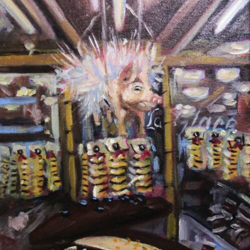La Glace, 18 × 24 cm original painting by Alessia Martuscelli depicting marzipan pigs and chocolate hearts in the window of Copenhagen's historic La Glace pastry shop.