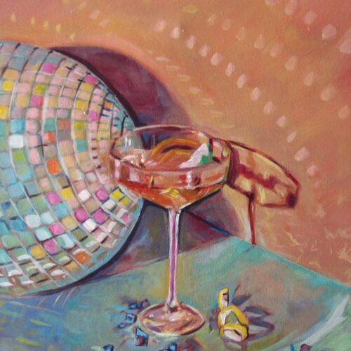 Private Party, original painting by Alessia Martuscelli depicting a lively private celebration with a joyful, colourful and social atmosphere.