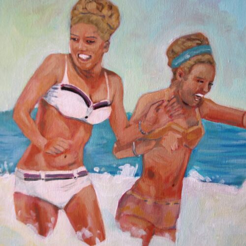 Playing in the Waves – 30 × 40 cm Summer Beach Painting