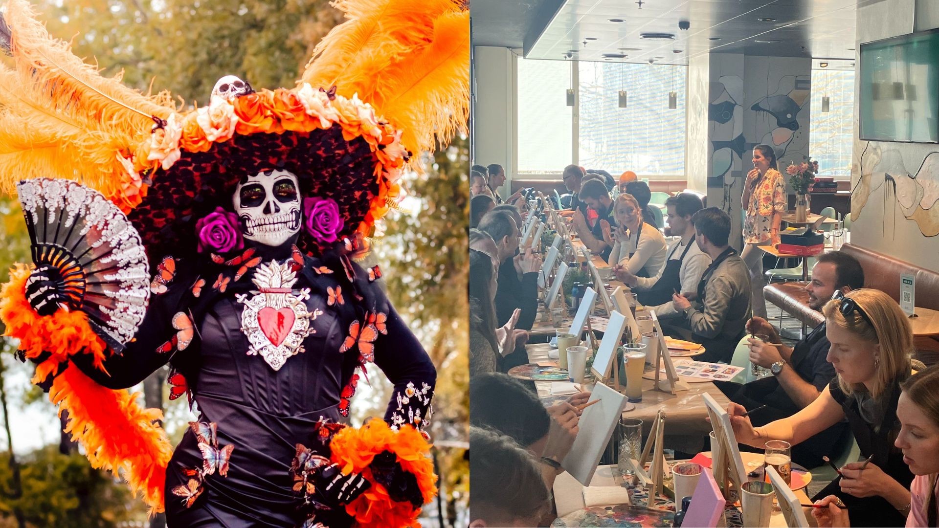 Guests holding wine glasses while painting at Danhostel Copenhagen City