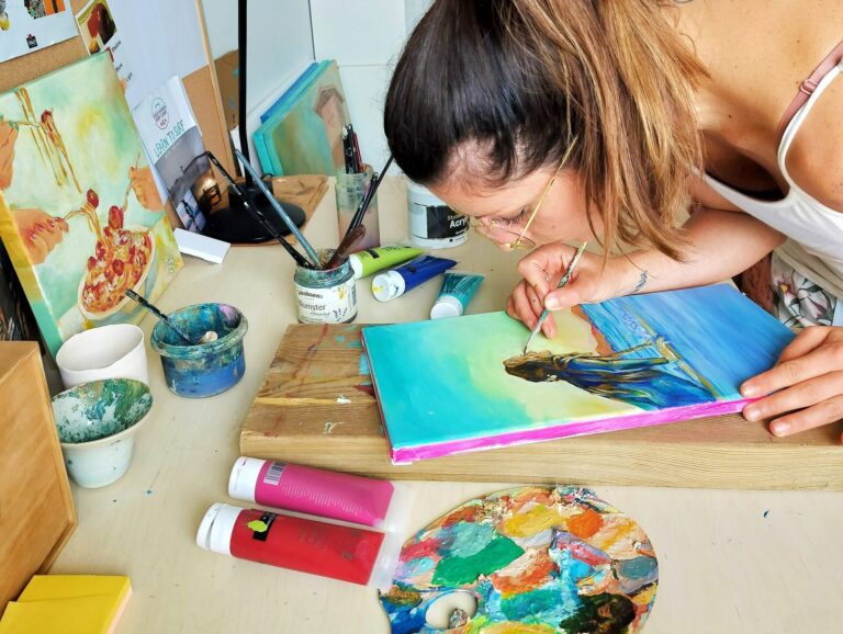 Original figurative painting for sale with expressive feminine figure and surreal colors