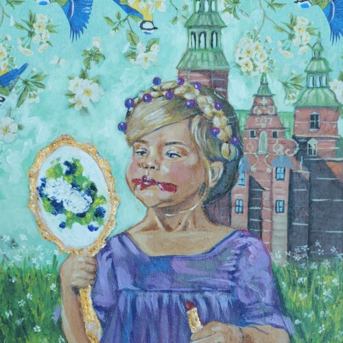 A Princess One Day, 24 × 30 cm original princess painting by Alessia Martuscelli, showing a girl applying lipstick in Copenhagen's Queen's Garden with gold leaf details.