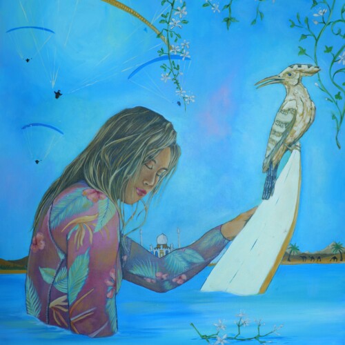 Dunes, 60 × 70 cm original acrylic painting by Alessia Martuscelli showing a surfer immersed in turquoise water with a bird on her surfboard and a Moroccan landscape in the distance.