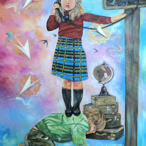 Mom We Won't Be Back for Dinner original 60 × 80 cm mixed media painting of two children with suitcases, globe and paper airplanes